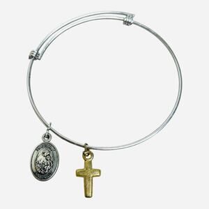 Silver Tone Sliding Bangle Religious Charms Cross St Anthony St Jude Medal Charm